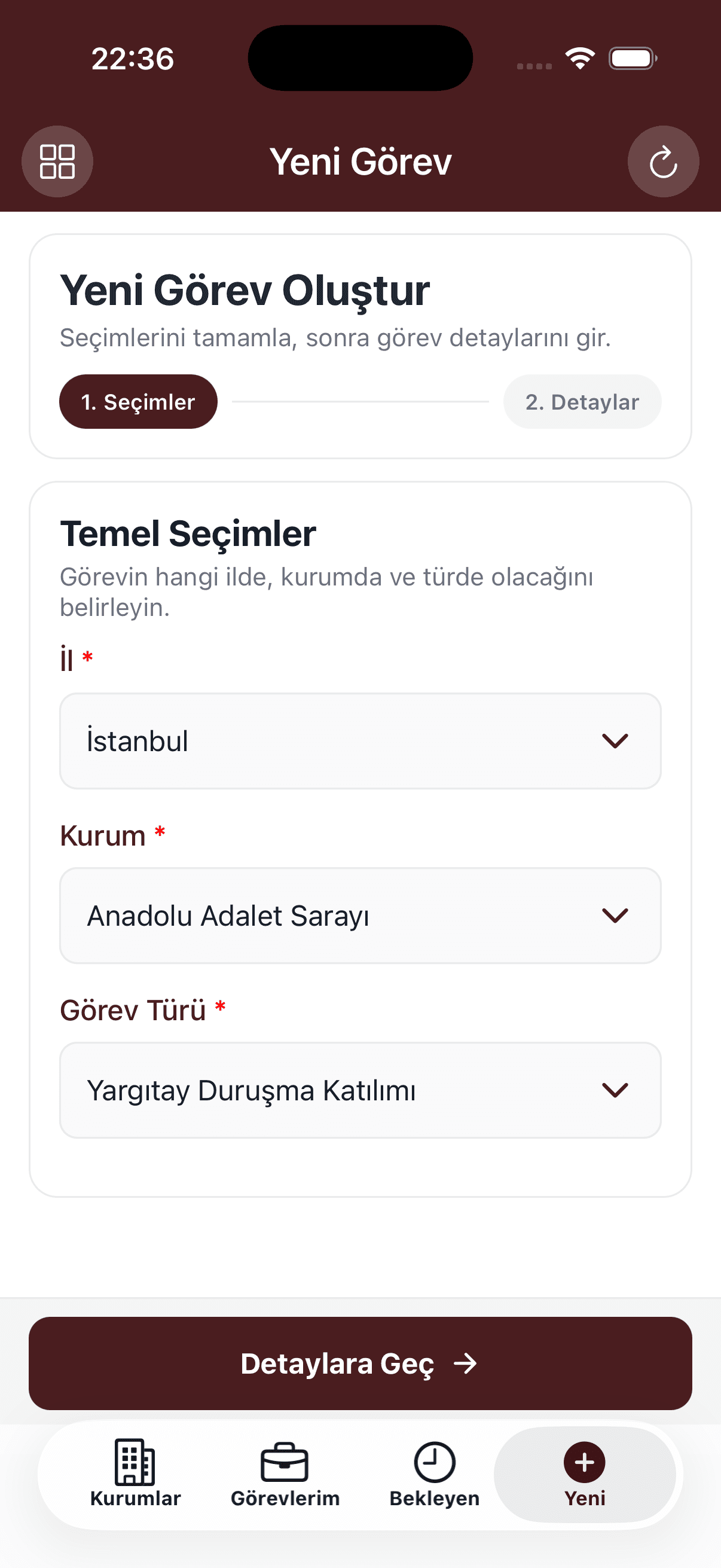 AvukatApp yeni görev mobil ekranı