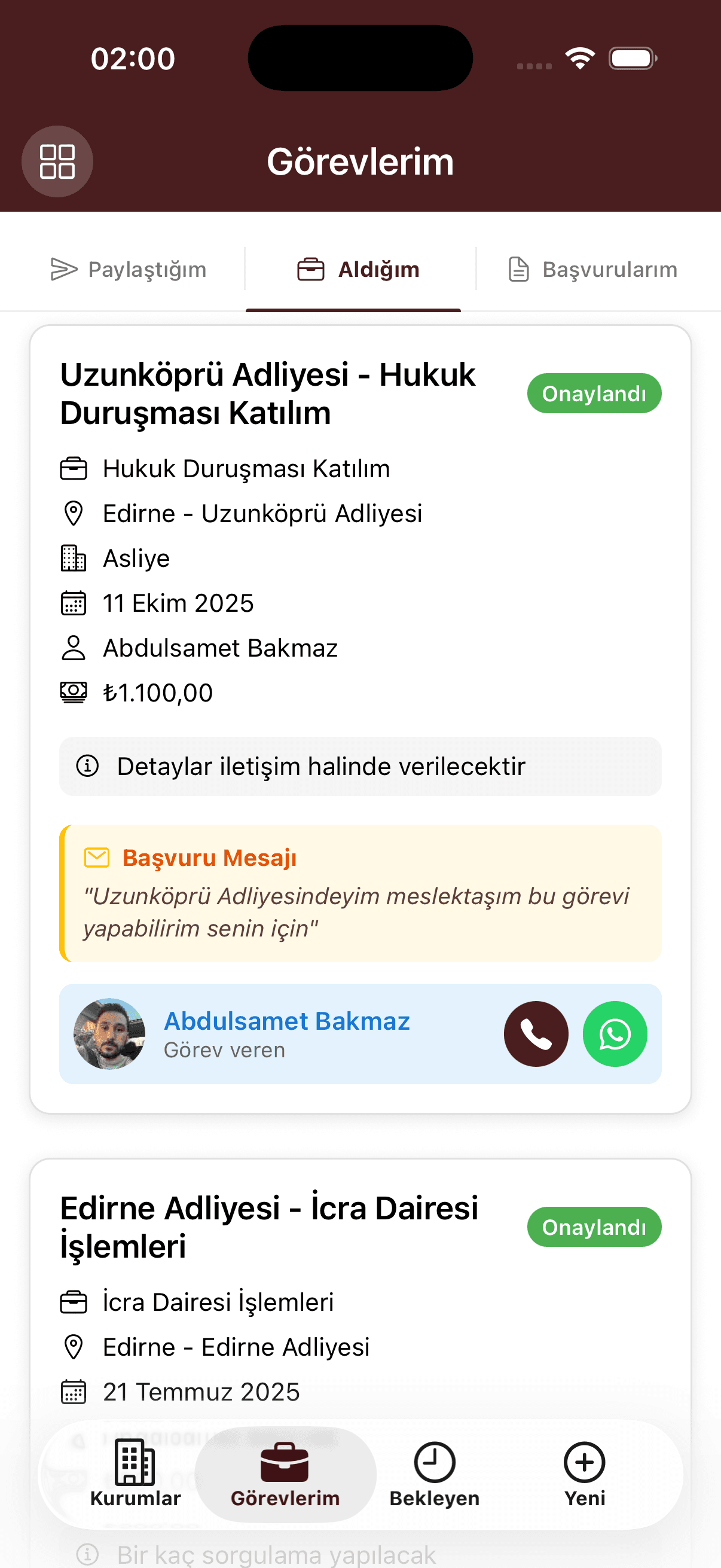 AvukatApp görevlerim mobil ekranı